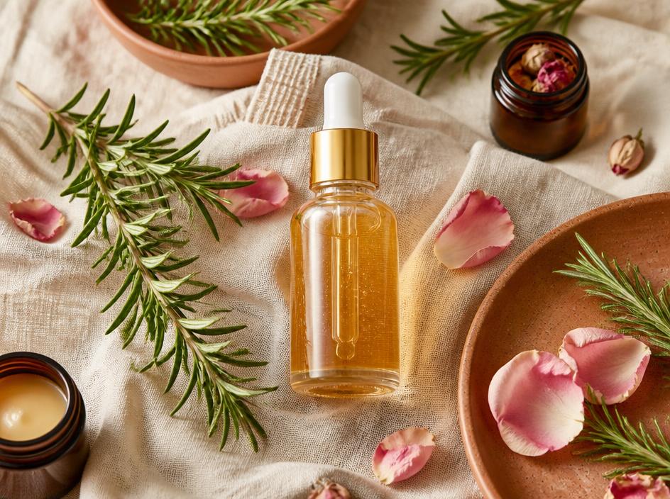 Frasco gotero con serum natural y pétalos de rosa