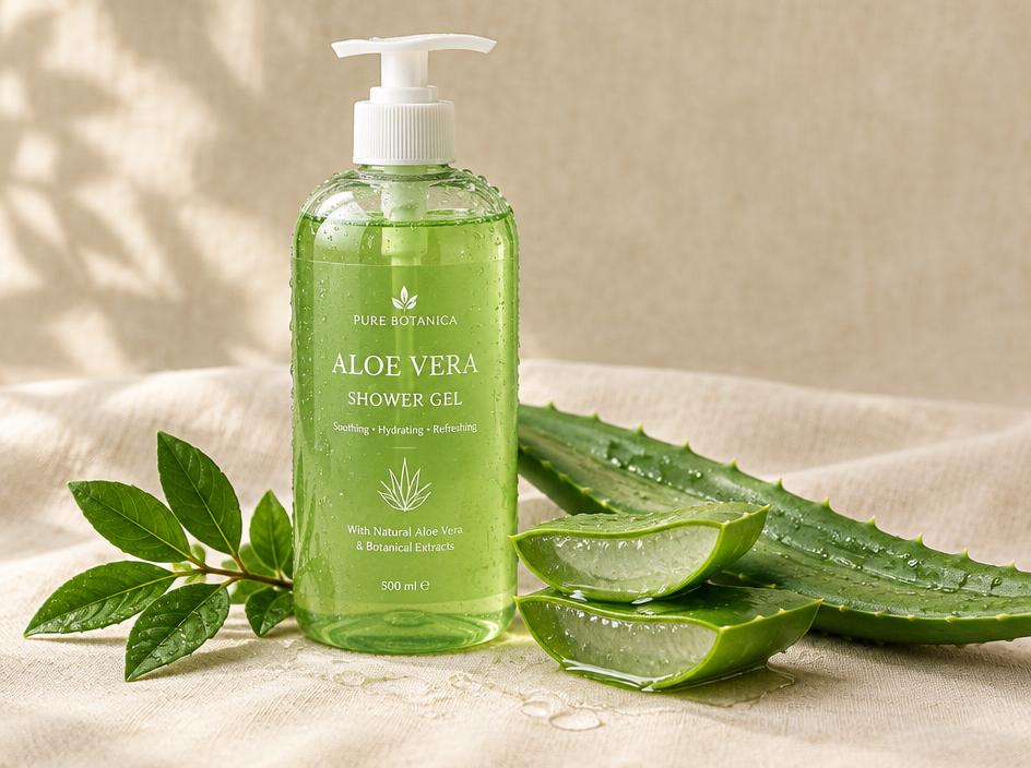 Gel de baño natural de aloe vera con hojas frescas cortadas