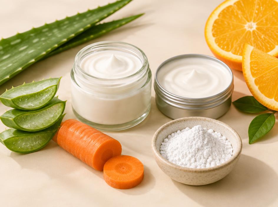 Frasco de vidrio con bloqueador solar natural de óxido de zinc junto a aloe vera, zanahoria y naranja