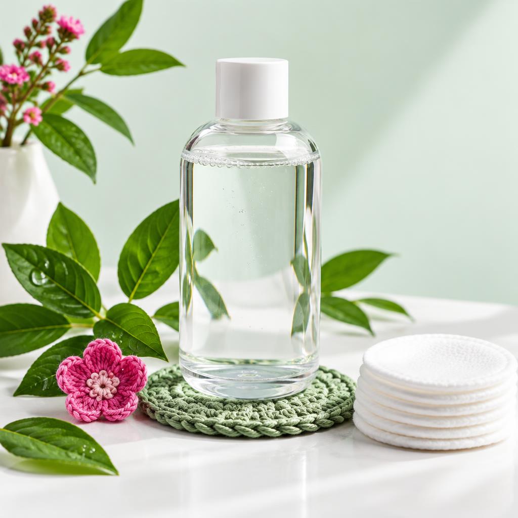 Inspiración de agua micelar con flores y detalles tejidos a ganchillo