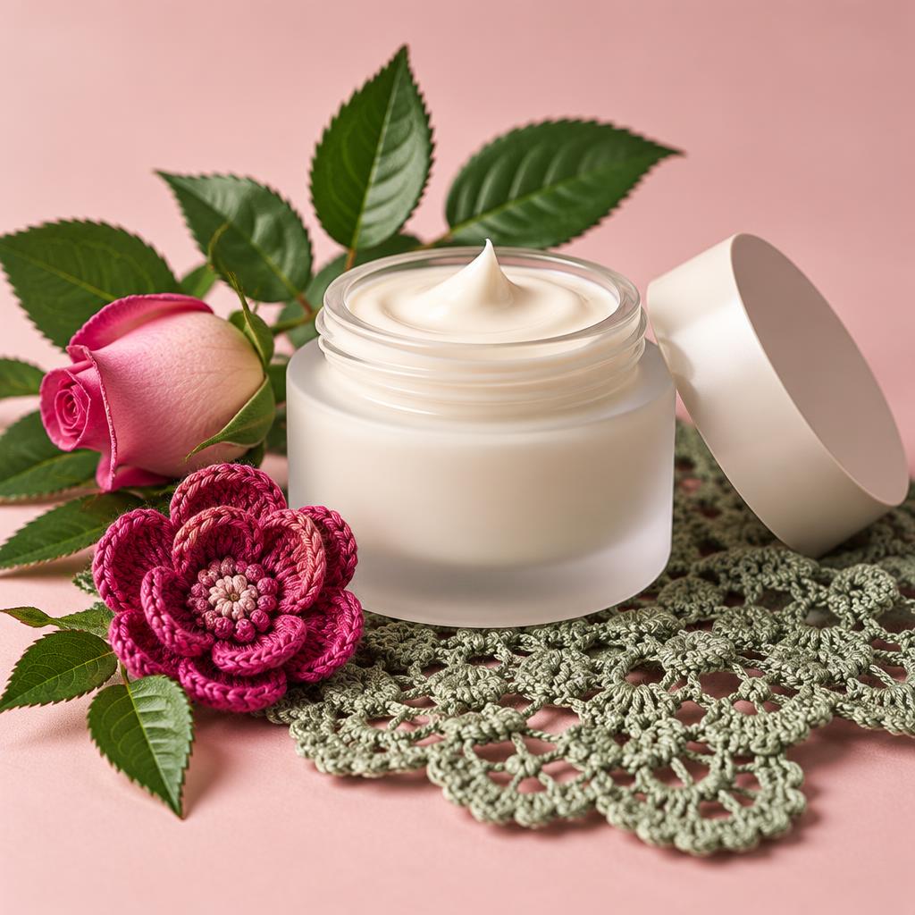 Inspiración de crema hidratante antiedad natural con flores y detalles tejidos a ganchillo