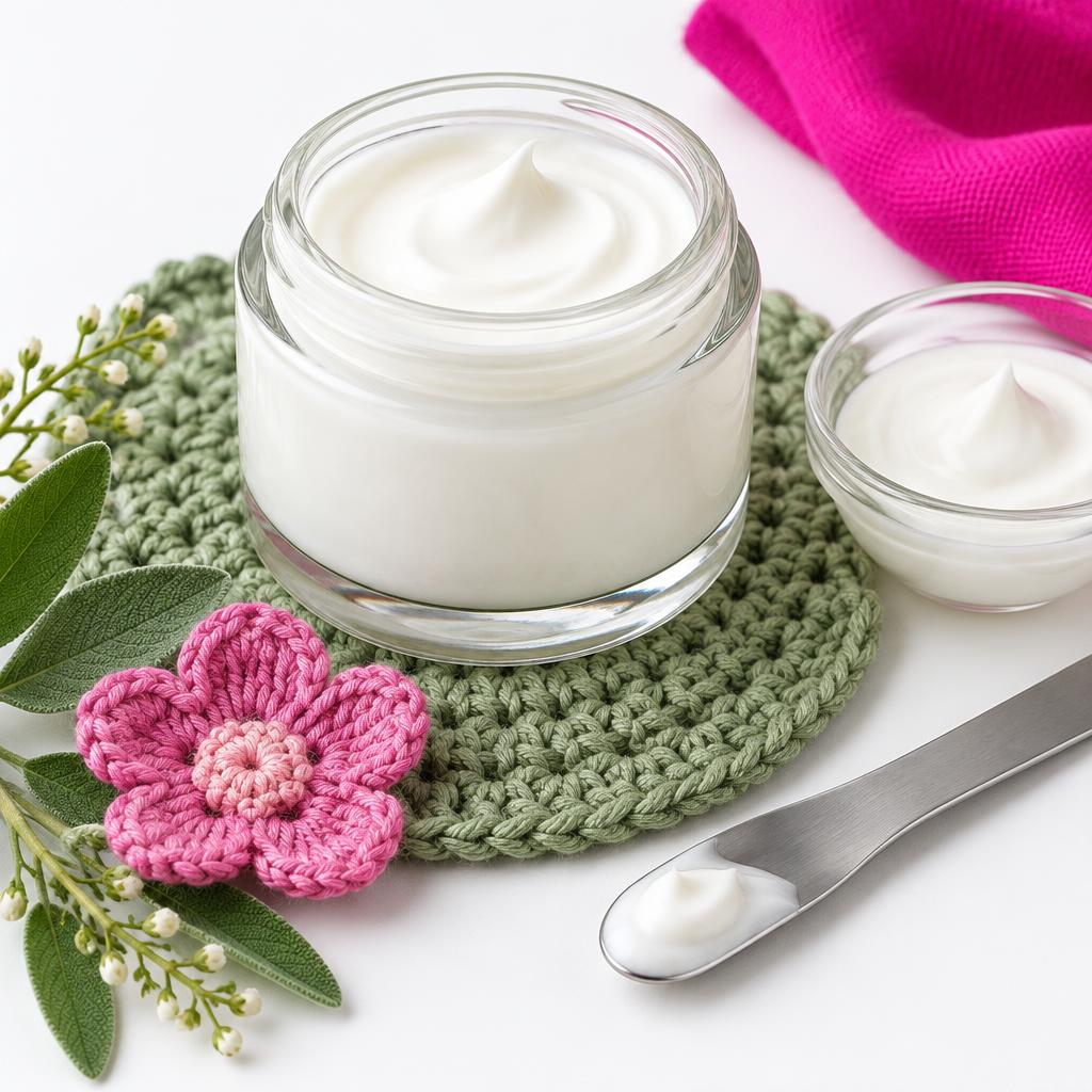 Inspiración de crema base universal con flores y detalles tejidos a ganchillo