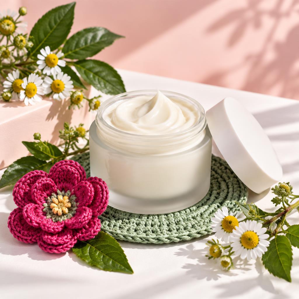 Inspiración de crema de día escudo botánico con flores y detalles tejidos a ganchillo