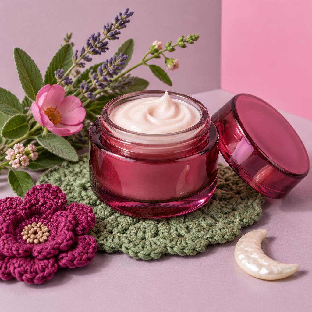 Inspiración de crema de noche nutritiva y reparadora con flores y detalles tejidos a ganchillo