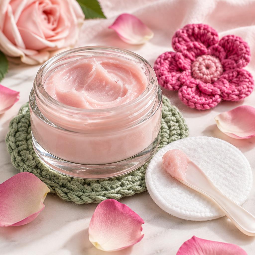 Inspiración de crema desmaquillante con flores y detalles tejidos a ganchillo