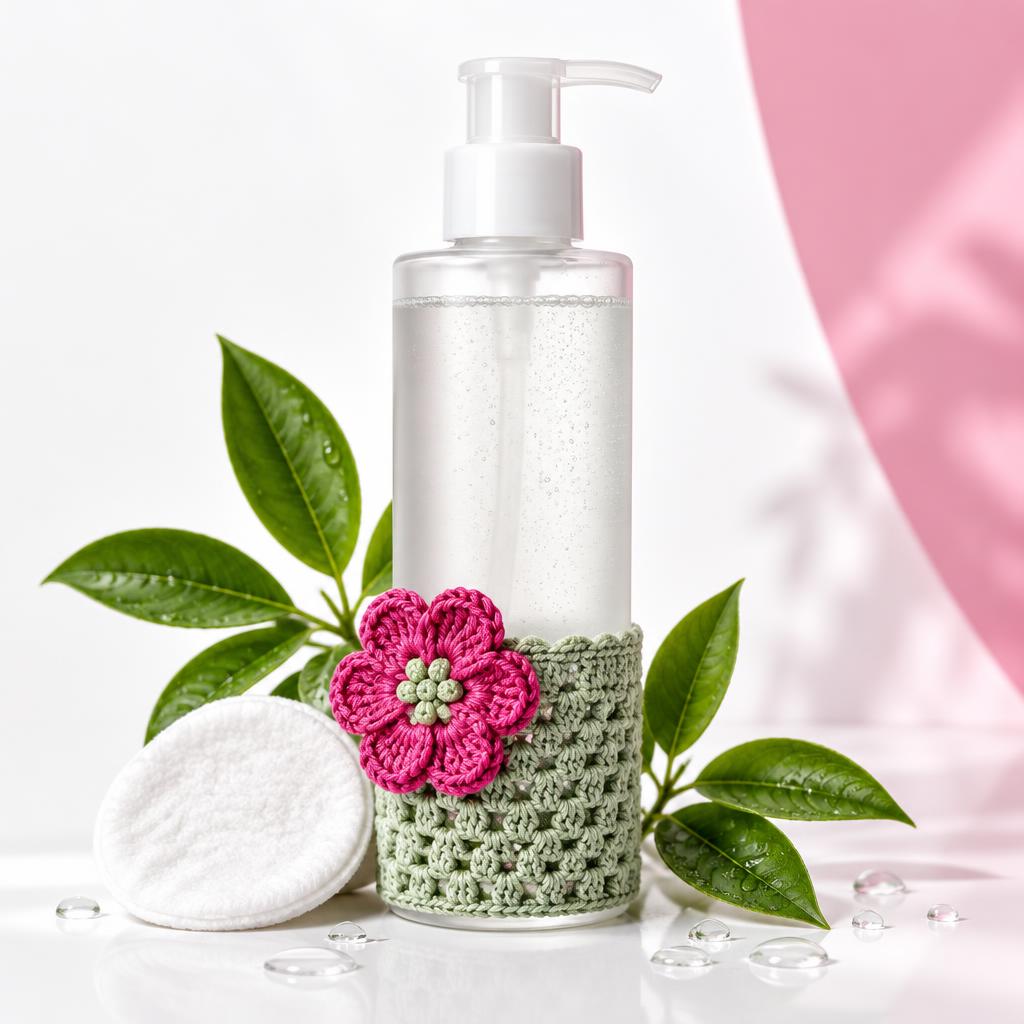 Inspiración de limpiador micelar para todo tipo de piel con flores y detalles tejidos a ganchillo