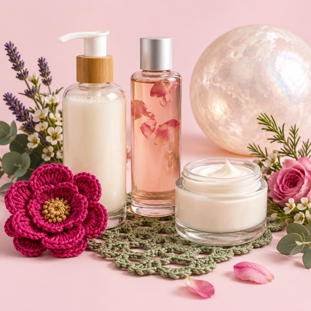 Inspiración de rutina de cuidado de la piel en la noche con flores y detalles tejidos a ganchillo