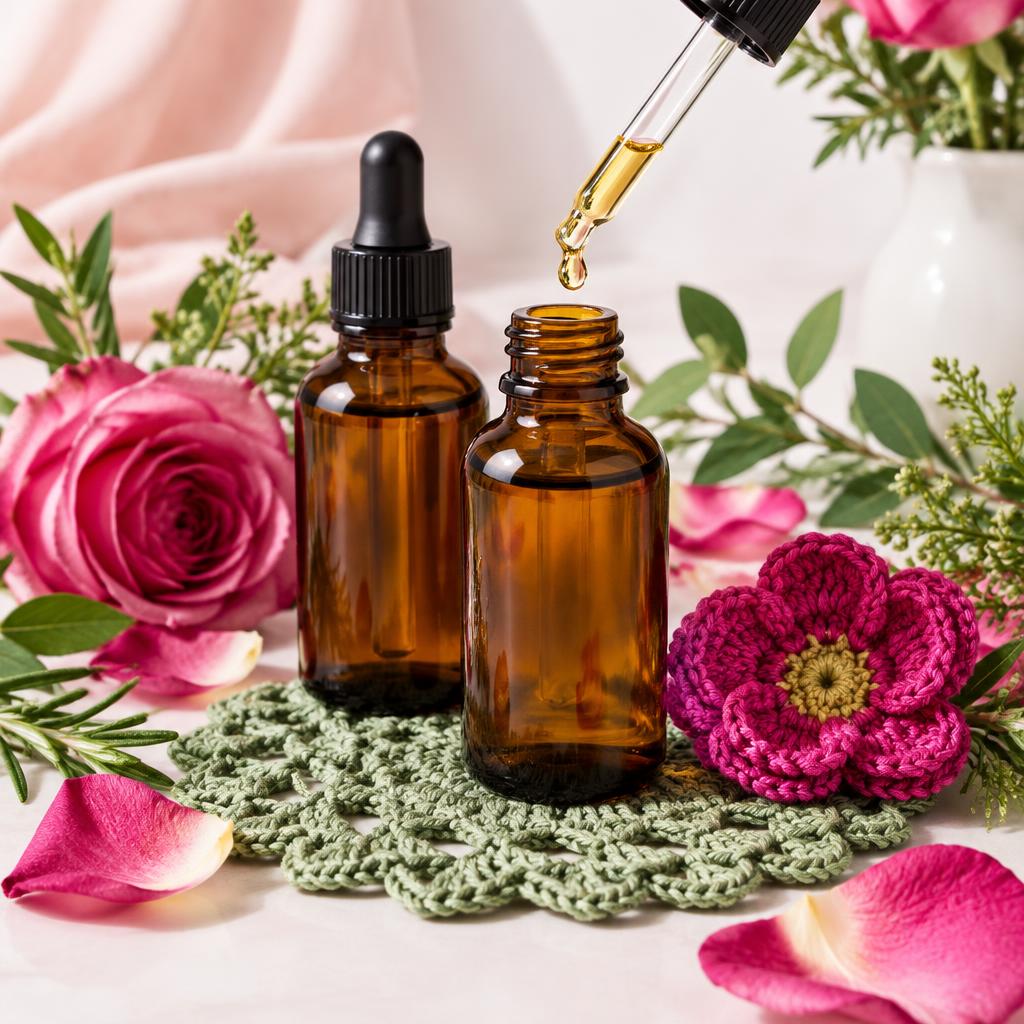 Inspiración de sérums profesionales con flores y detalles tejidos a ganchillo