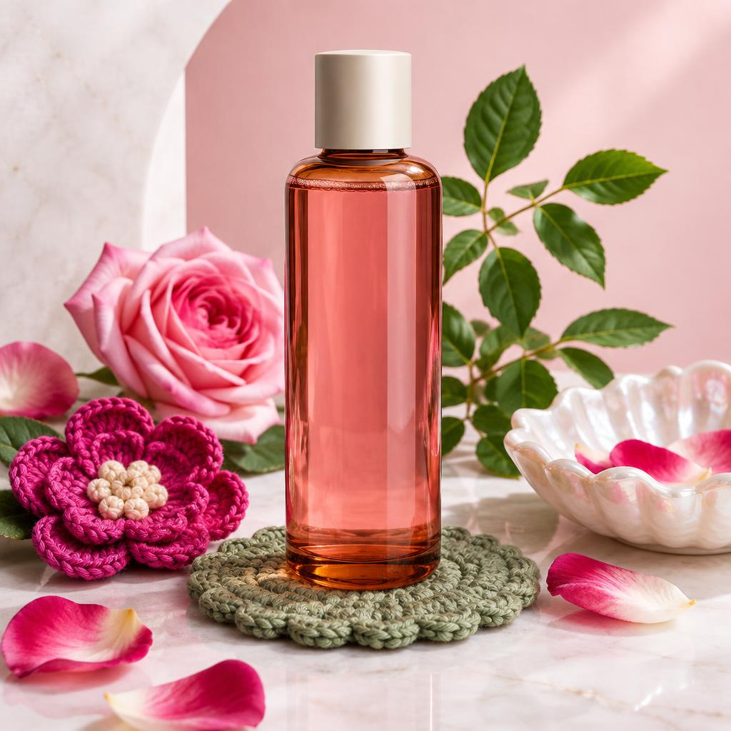 Inspiración de tónicos faciales naturales para piel madura con flores y detalles tejidos a ganchillo