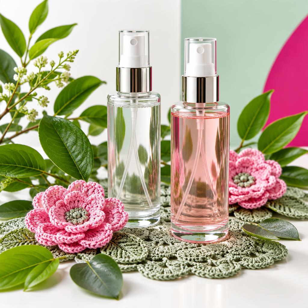 Inspiración de tónicos faciales con flores y detalles tejidos a ganchillo